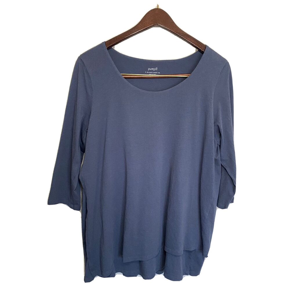 J. Jill Top Blue Artistic Tee Pure Jill Asymmetric Layered Hem Lagenlook Women M